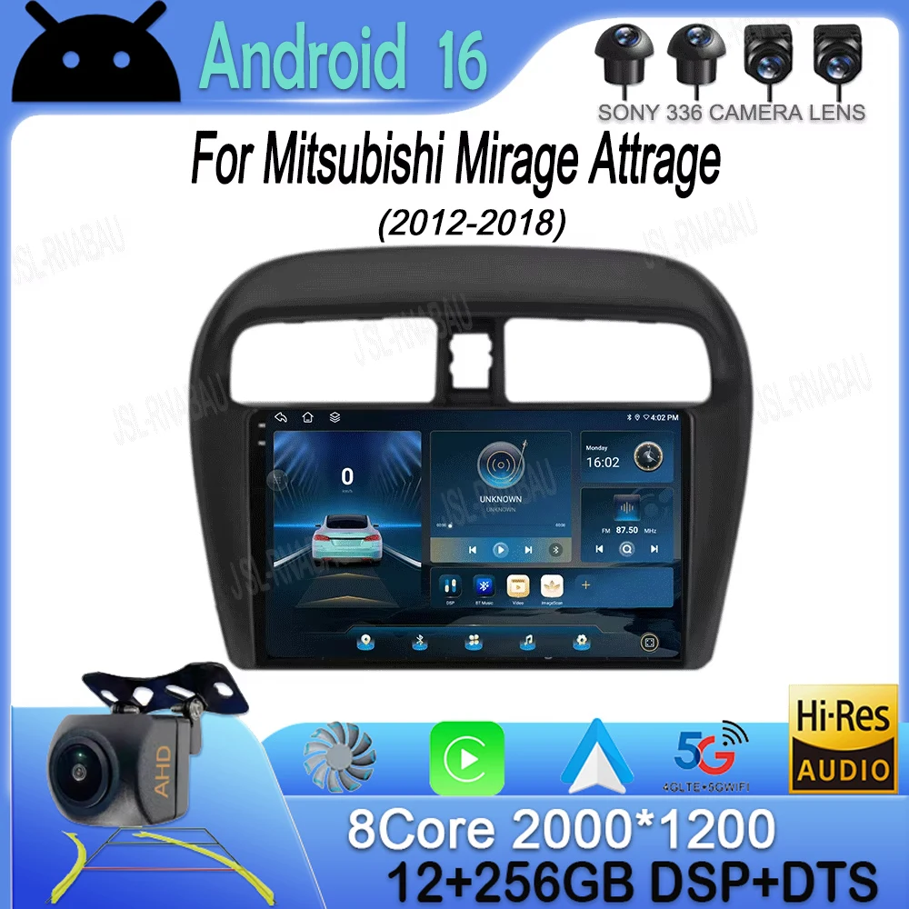 Android 16 Car Radio For Mitsubishi Mirage Attrage 2012-2018 Multimidia System Video Player Navigation DSP QLED Carplay Stereo