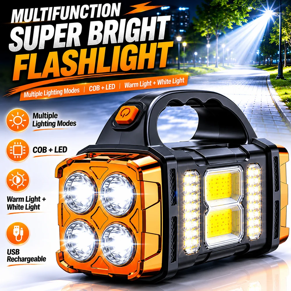 Powerful LED COB Flashlight USB Solar Charging Camping Lantern Portable Torch Waterproof Outdoor Emergency Searchlight Tent Lamp