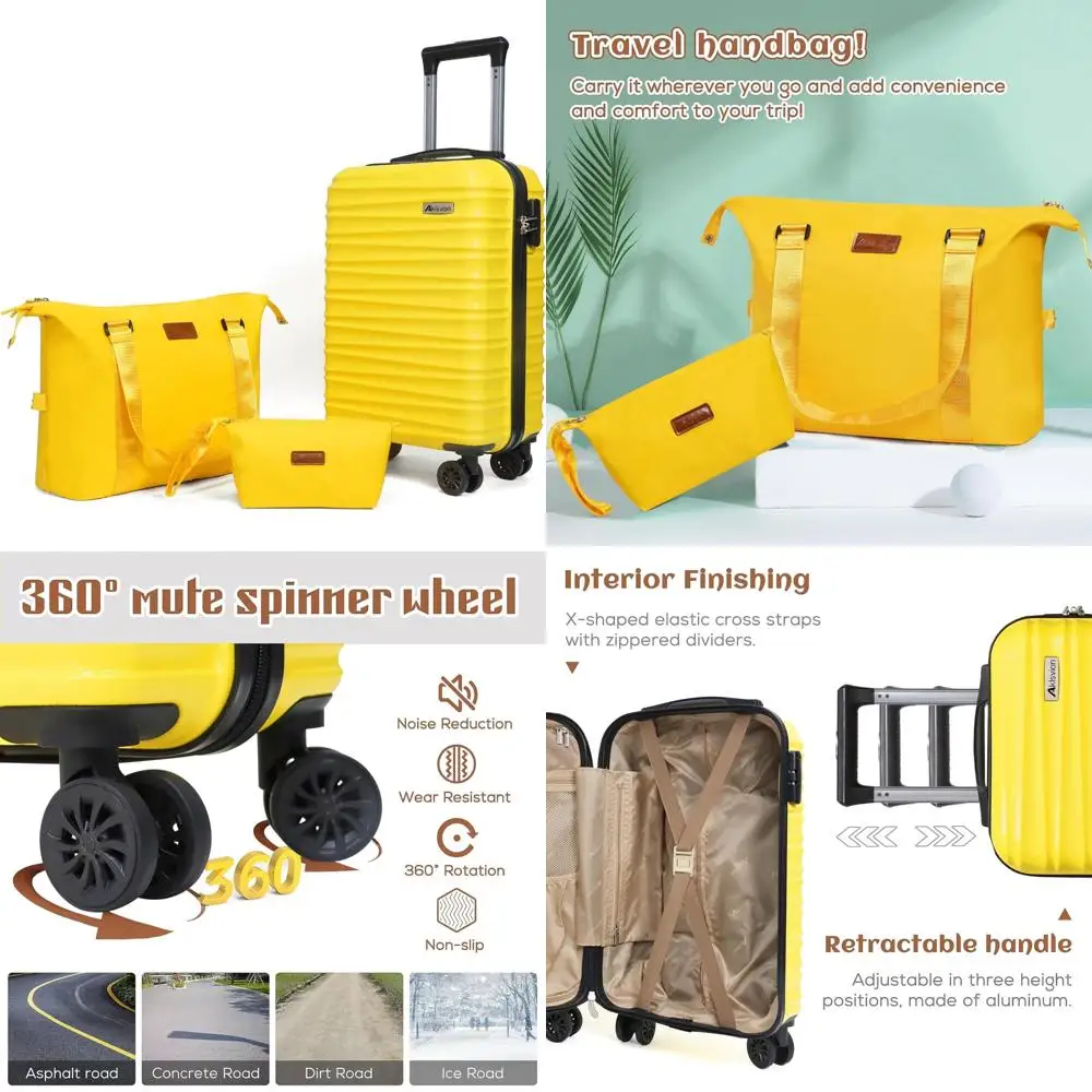 

3 Piece Hardshell Spinner Luggage Set with Carry-On Suitcase, Weekender Bag, and Toiletry Bag in Yellow