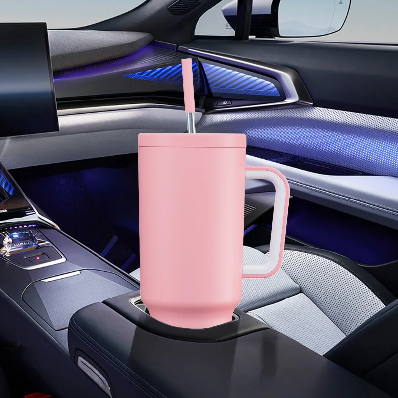 Meoky 40oz 1182ml Tumbler With Handle Straw Lids Water Bottle Light Pink Stainless Steel Vacuum Insulated Non-Slip Car Mug