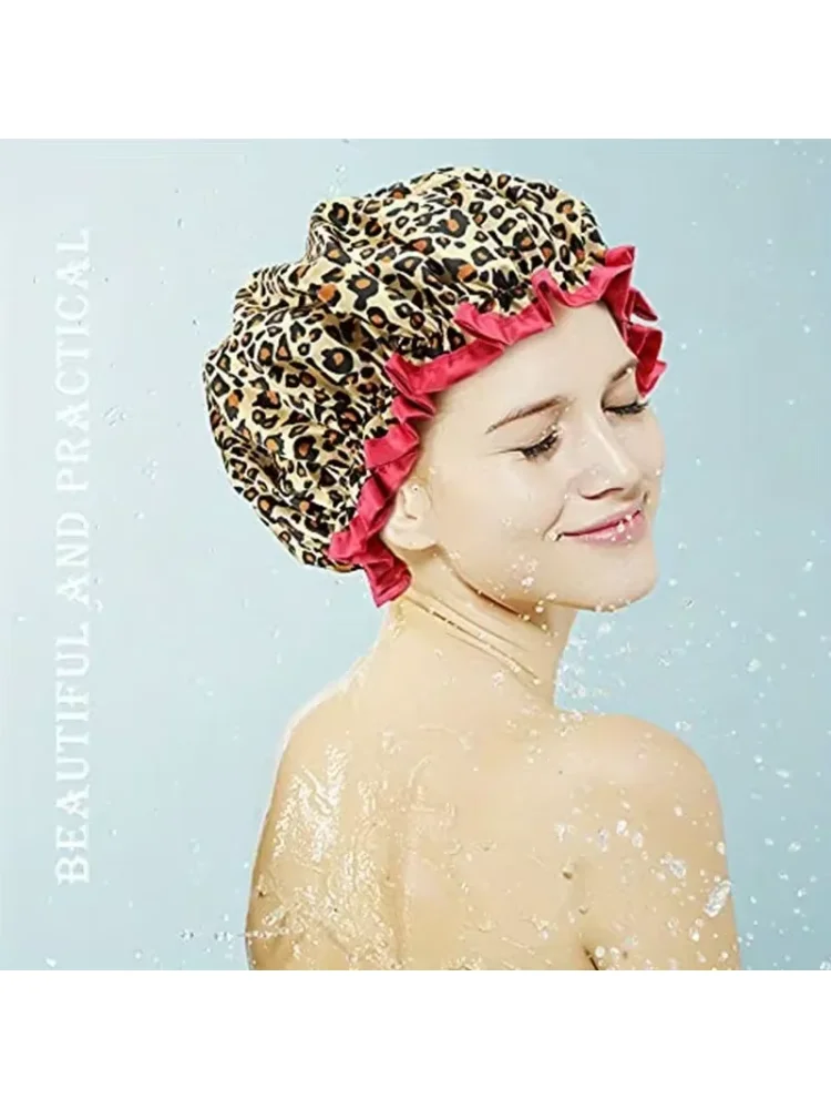 1PC Waterproof Shower Cap Leopard Print Double Layer Elastic Shower Hair Cover Reusable Wave Point Shower Cap Bathroom Supplies