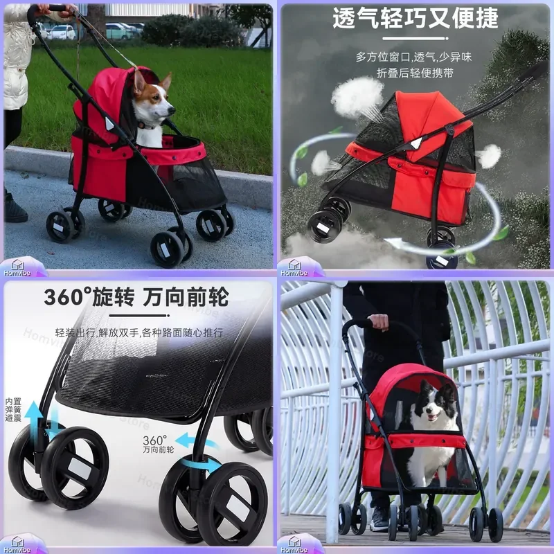 Foldable Pet Stroller Lightweight Dog Cat Carrier Breathable 4 Wheel Push Cart Portable Travel Trolley for Small Animals
