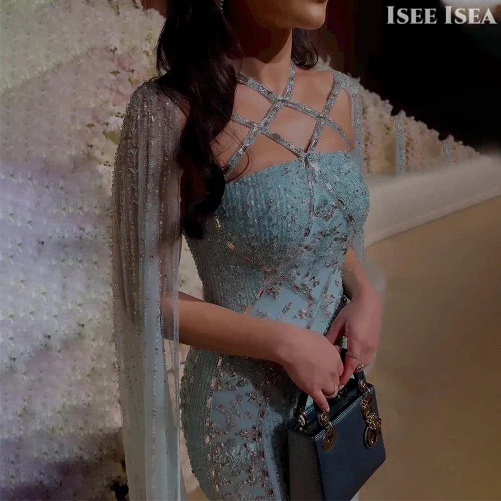 Vestido de noche de lujo con mangas tipo capa, vestido de noche de lujo con cuentas, vestido de fiesta de boda de sirena de Dubái, vestidos de fiesta personalizados