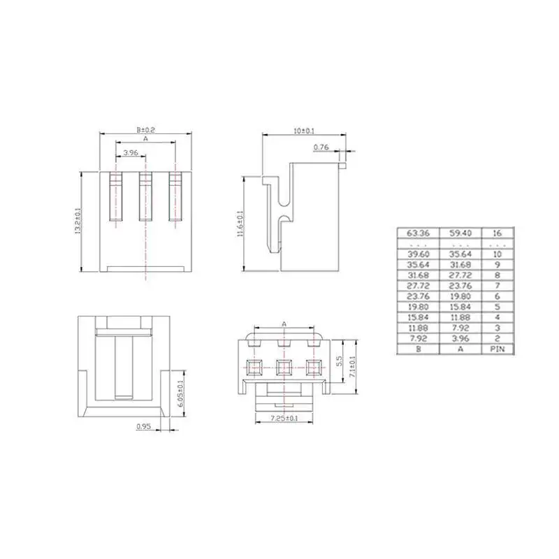 50 Stück VH3.96 Kunststoffgehäuse Steckeranschluss 3,96 mm Rastermaß 2P 3 4 5 6 7 8 9 10 Steckverbinder – Detail 1