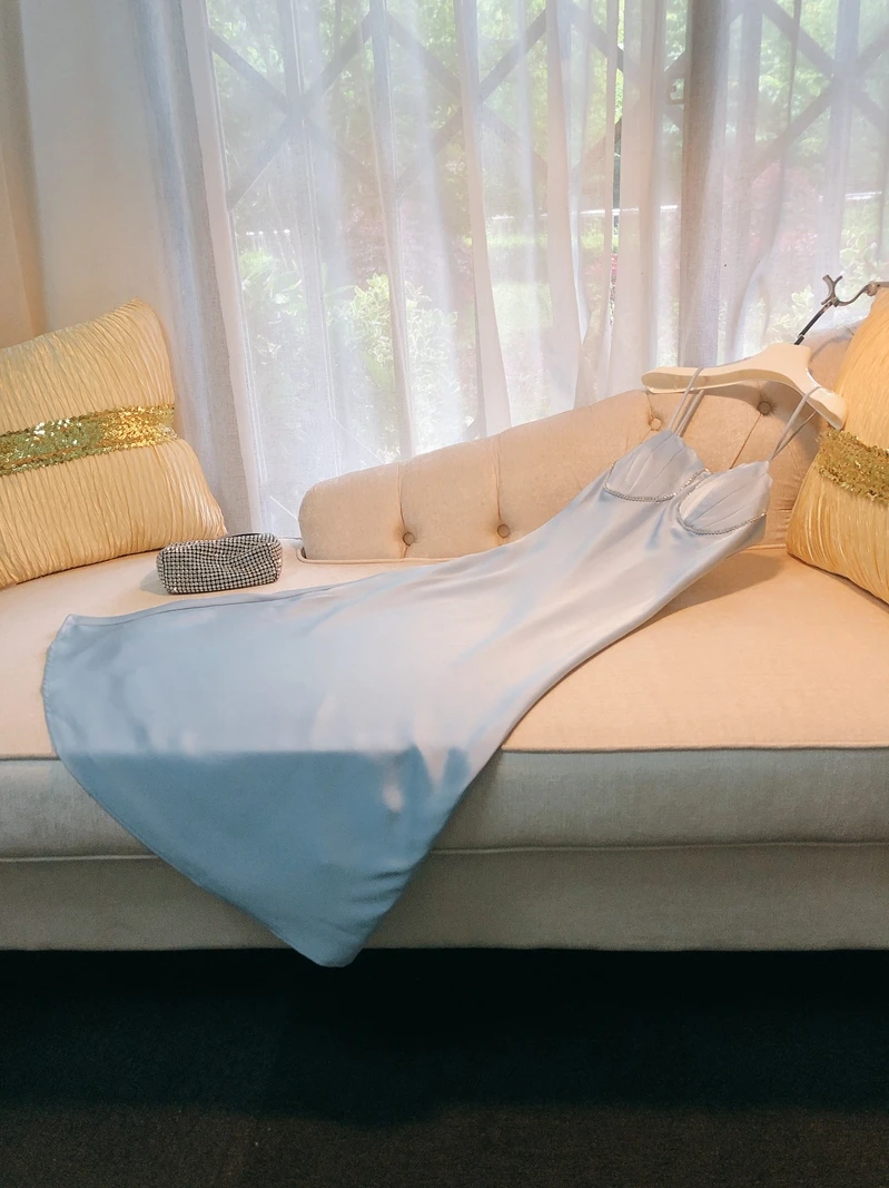 

Ele ell Rhinestone Wrap Chest Blue Summer Holiday Strap Dr Asymmetrical High Waist A-Line Gown for Career Women