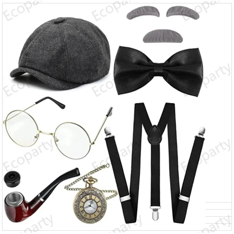 8 Pcs Old Man Costume 1920s Grandpa Accessories Set 100th Day of School Beret Hat Glasses Eyebrows Suspender Watch gangster  33