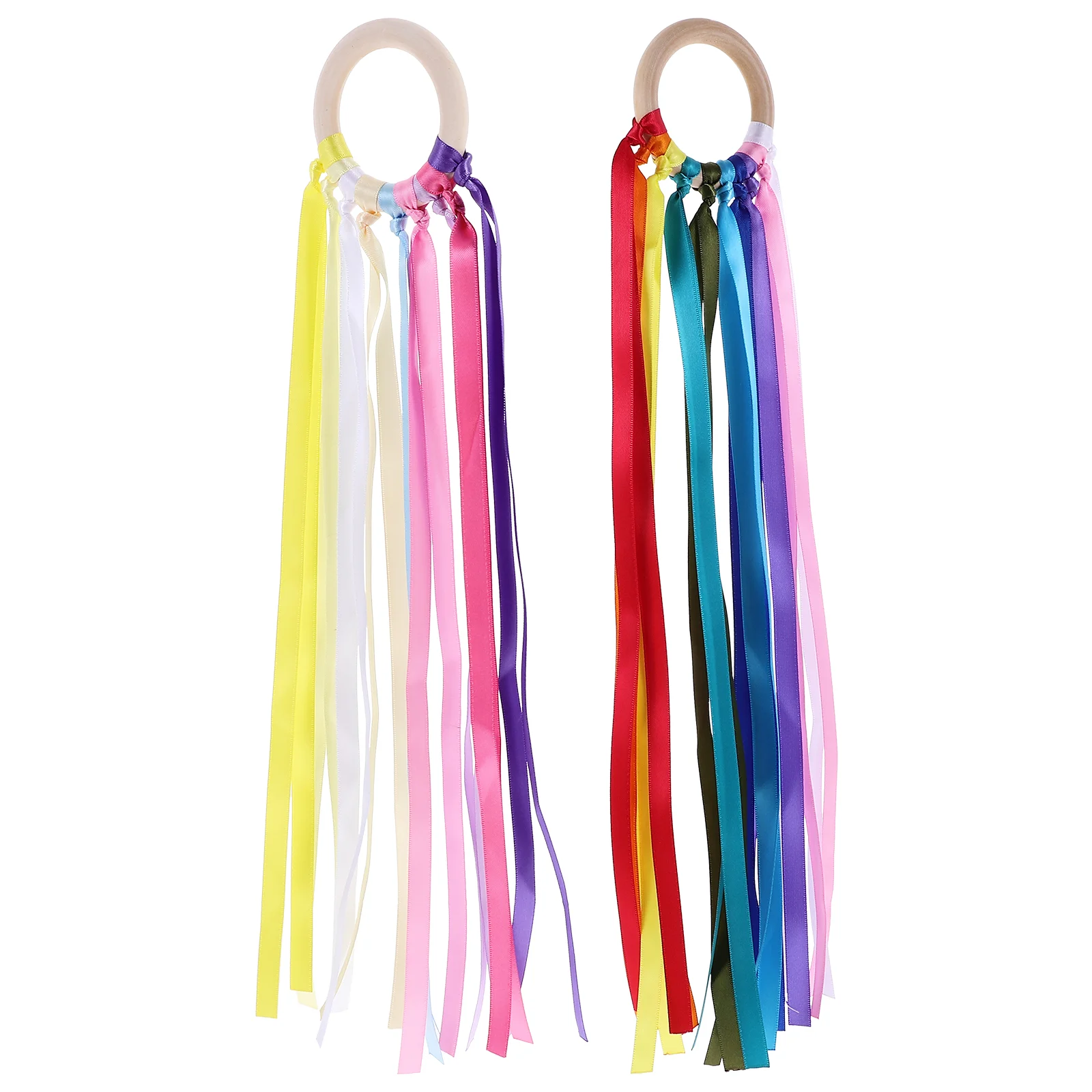 2 Pcs outside Kids Toys Rainbow Ribbon Rings Hand Kite Sports Polyester Streamer with Bells Wood Child Wind Wands