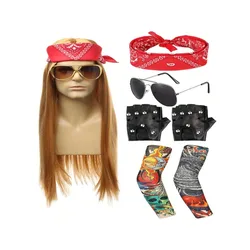 7 Pcs 70s 80s Rocker Costume Heavy Metal Wig Men women Hippie Wig with Bandana Sunglasses Punk Gloves Tattoo Sleeves for 80s Pun