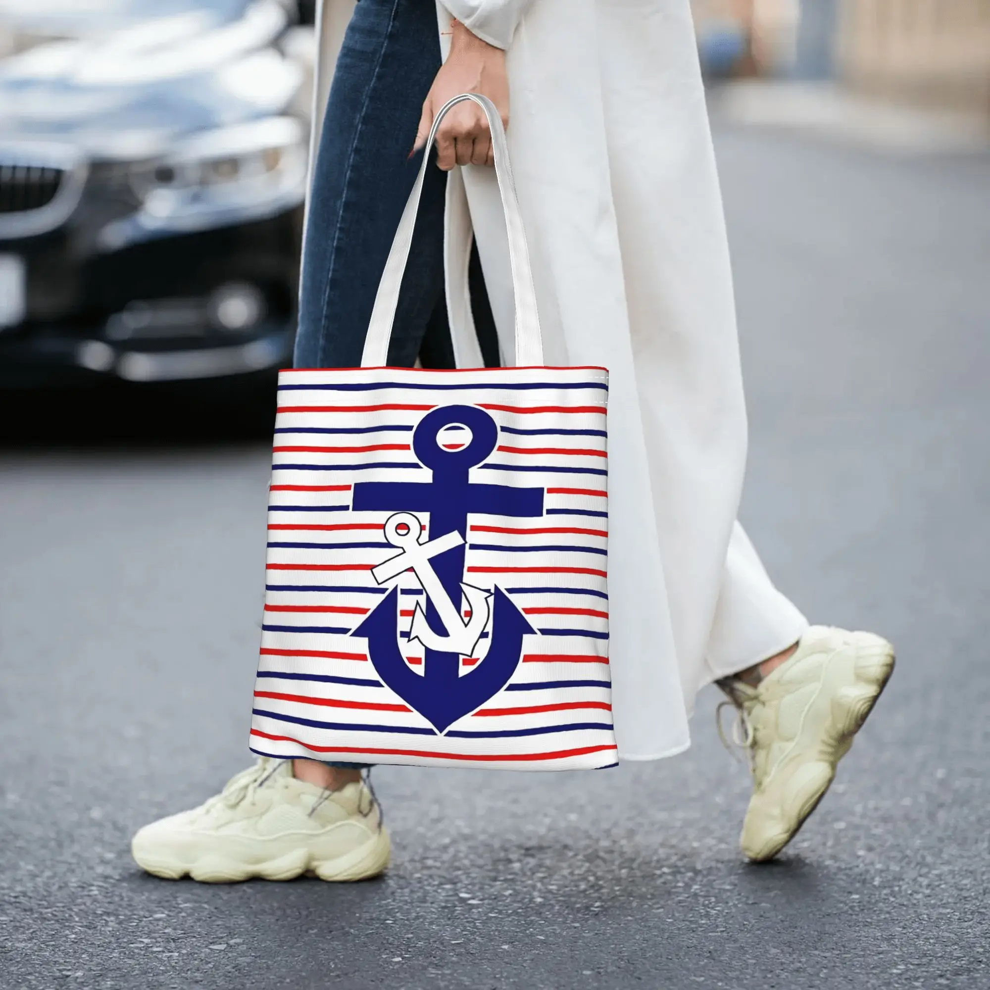 1pc Anchor Nautical Stripe Tote Shopping Bag, Suitable for Daily Use, School, Travel, A Unique Gift for Nautical Enthusiasts.