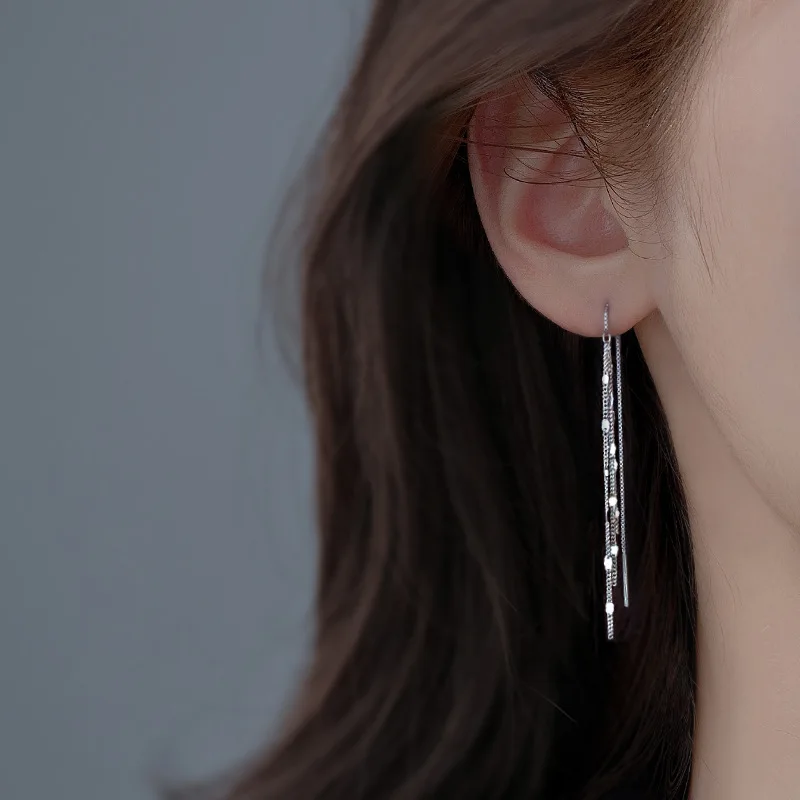 Charm Shiny 925 Sterling Silver Sequined Long Tassel Dangle Earrings for Woman Girl Temperament Jewelry Accessories Not Allergic