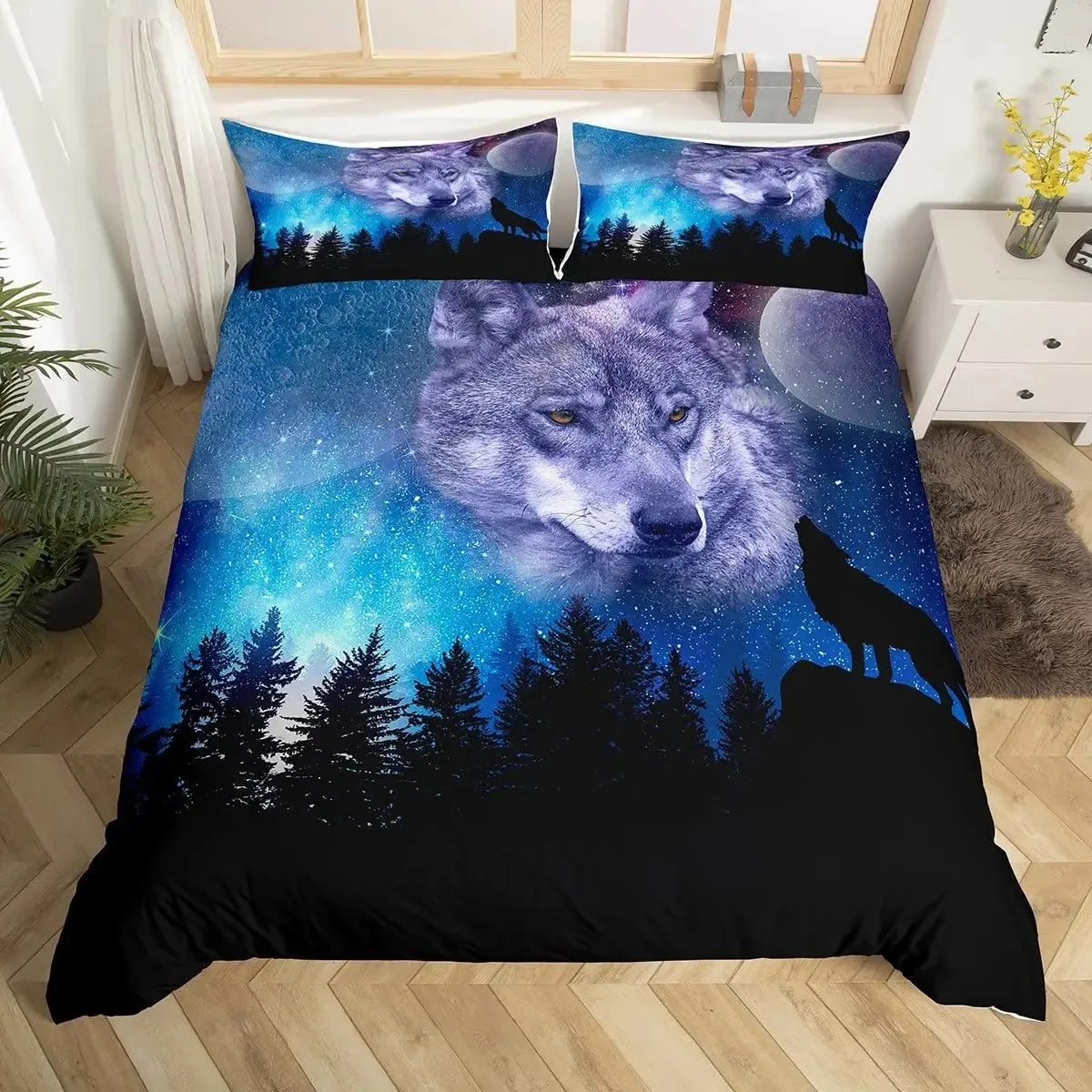 Black Wolf Moon Duvet Cover Set Wolf Howling Bedding Sets for Boys Vintage Oil Paint Wild Animal Bed Sets Purple Blue and Black