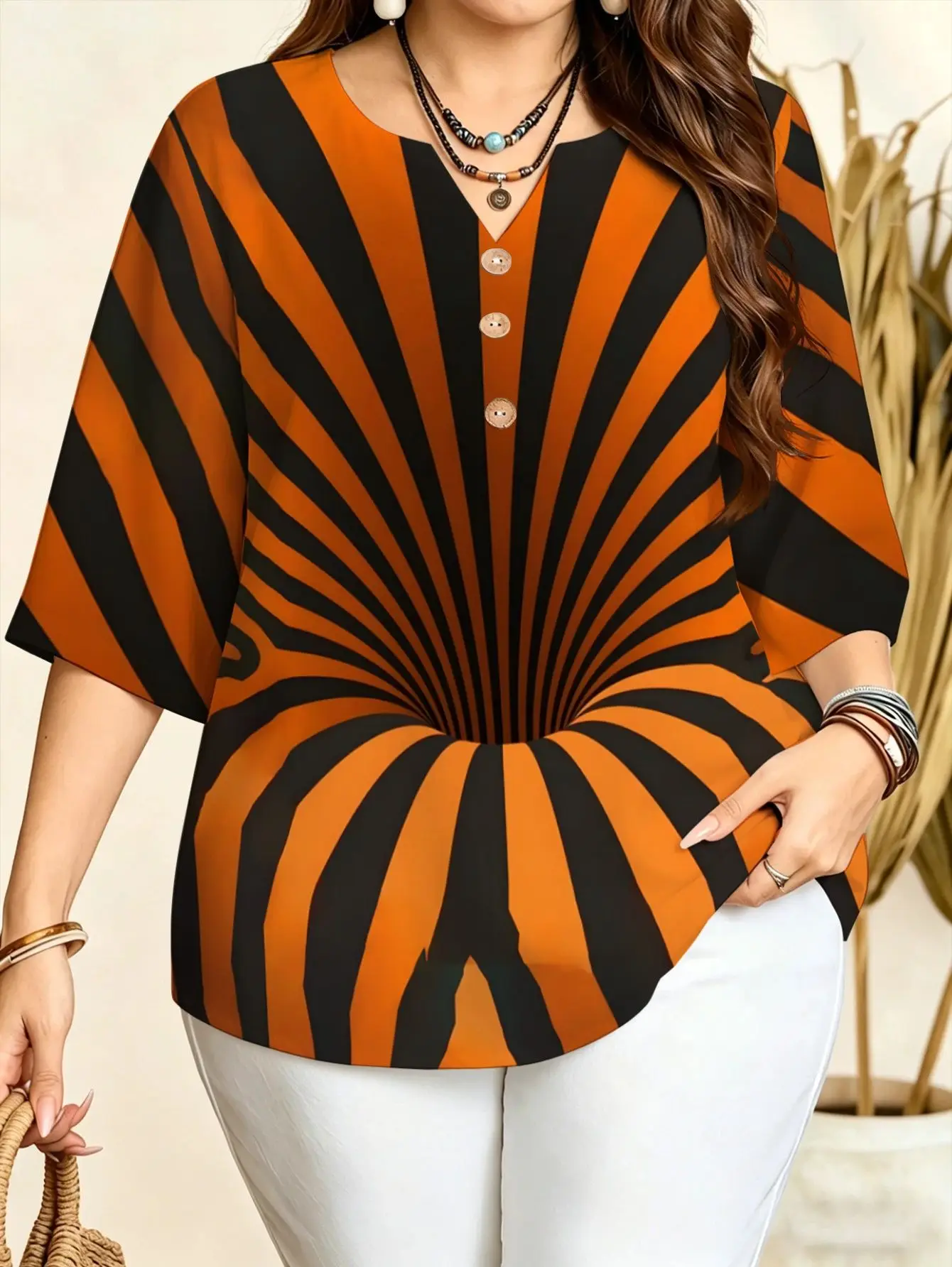 Women Notch V Neck 3/4 Sleeve Blouse Multicolor Vertical Horizontal Radial Stripe Print Loose Daily Wear Top