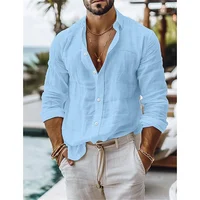 Chemise en lin pour homme, chemise d’été, chemise à boutons en mélange de coton et de lin, chemise décontractée unie pour les vacances, bleu, blanc, noir, rose. 1
