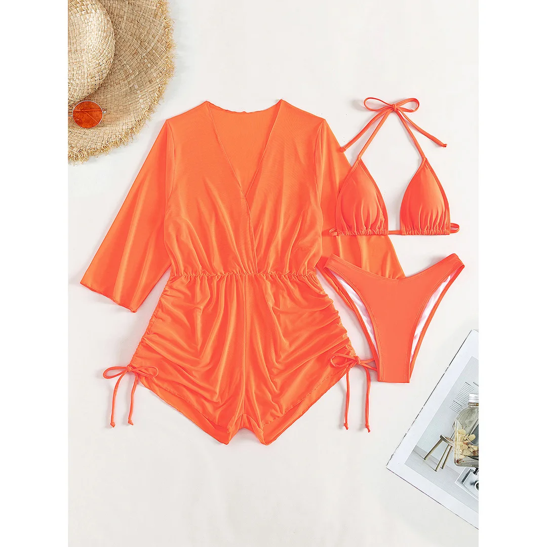 3-teiliges Halter-Bikini-Set für Damen, Badeanzug, dreiteiliges Bikini-Set mit Überwurf, Badebekleidung, Badeanzug für Damen, V3529SW – Detail 28