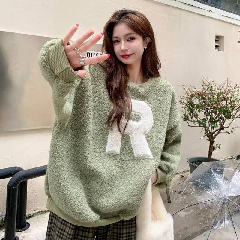 Gentle Casual Thick Lamb Fleece Embroidered Letters Rar Coat Autumn Winter Women Sweatshirt Loose Long Sleeves Pullover Female