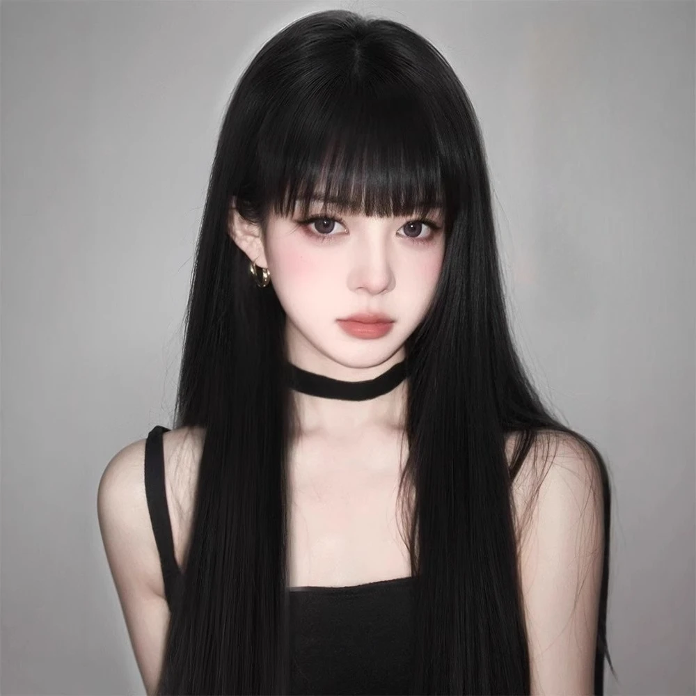 

New Fashion Long Black Straight Hair Wig with Bangs Synthetic Natural Black Wig Fake Hair for Women Cosplay Party Daily Hair Wig