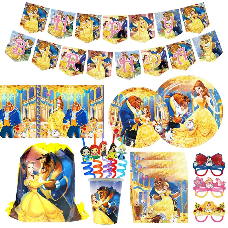 Beauty And Beast Birthday Decorations Belle Princess Birthday Party Supplies Balloon Backdrop Banner Tableware Set Plates Cups