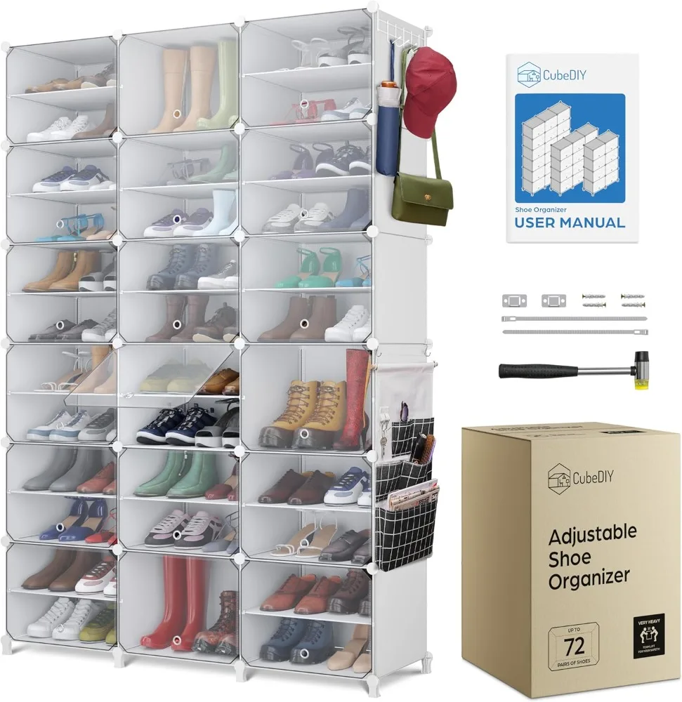 Shoe Organizer Cabinet Up To 72 Pairs, Shoe Closet-Portable Closed Shoe Rack with See-Through Door (Clear, Plastic, Stackable)