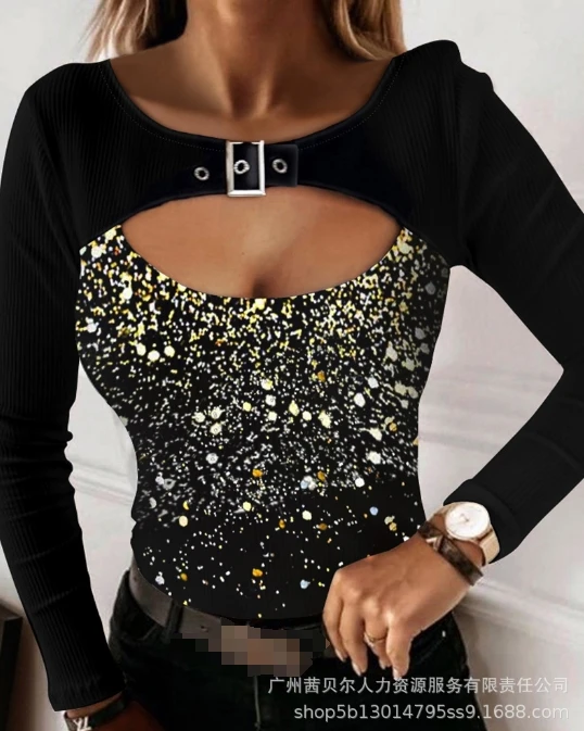 

Women's Neckline Printed Contrasting Casual Long Sleeve Top Daily Temperament Commuting 2024 Summer New Fashion Women T-Shirt