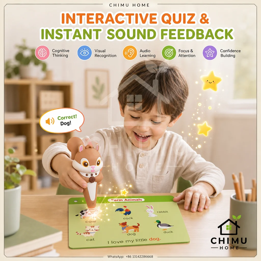 【CHIMU HOME】 Mini Animal-Shaped Reading Pen for Kids with English Flash Cards