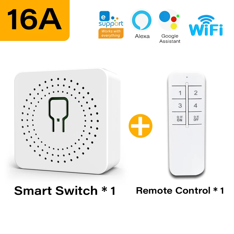 Interruptor Inteligente WiFi com Controle de Voz Sem Fio, Módulo Disjuntor, Interruptor de Luz DIY, App eWeLink, Alexa, Google Home, 2 Way, 16A