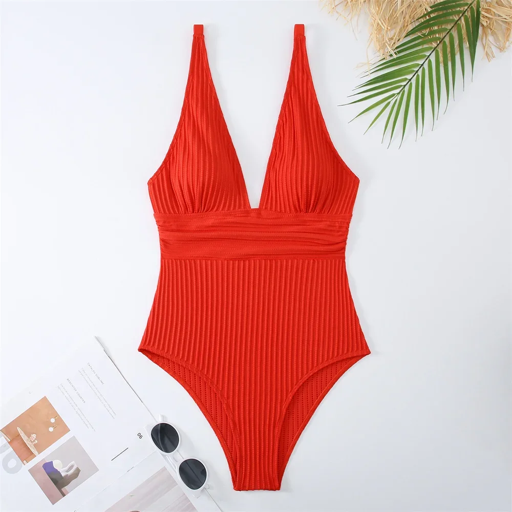 Biquíni retrô de cintura alta com nervuras, decote em v profundo, monokini y2k, roupa de banho para férias, peça única, roupa de praia feminina