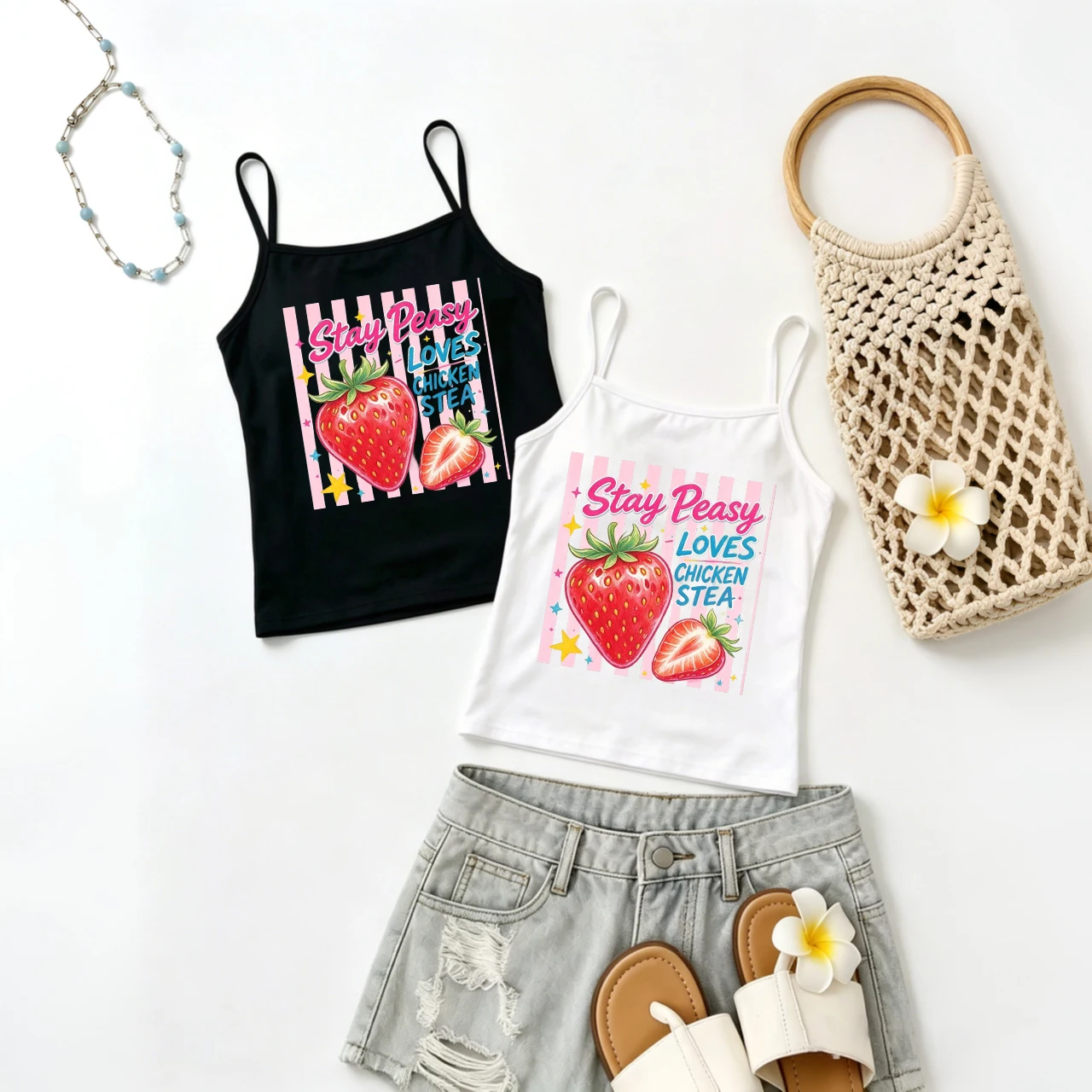 Summer Fresh Cami Women Cute Fruit Pattern Tank Top Sleeveless Vest Party Tee Soft Girl Aesthetic Wear Holiday Vacation Cool Top