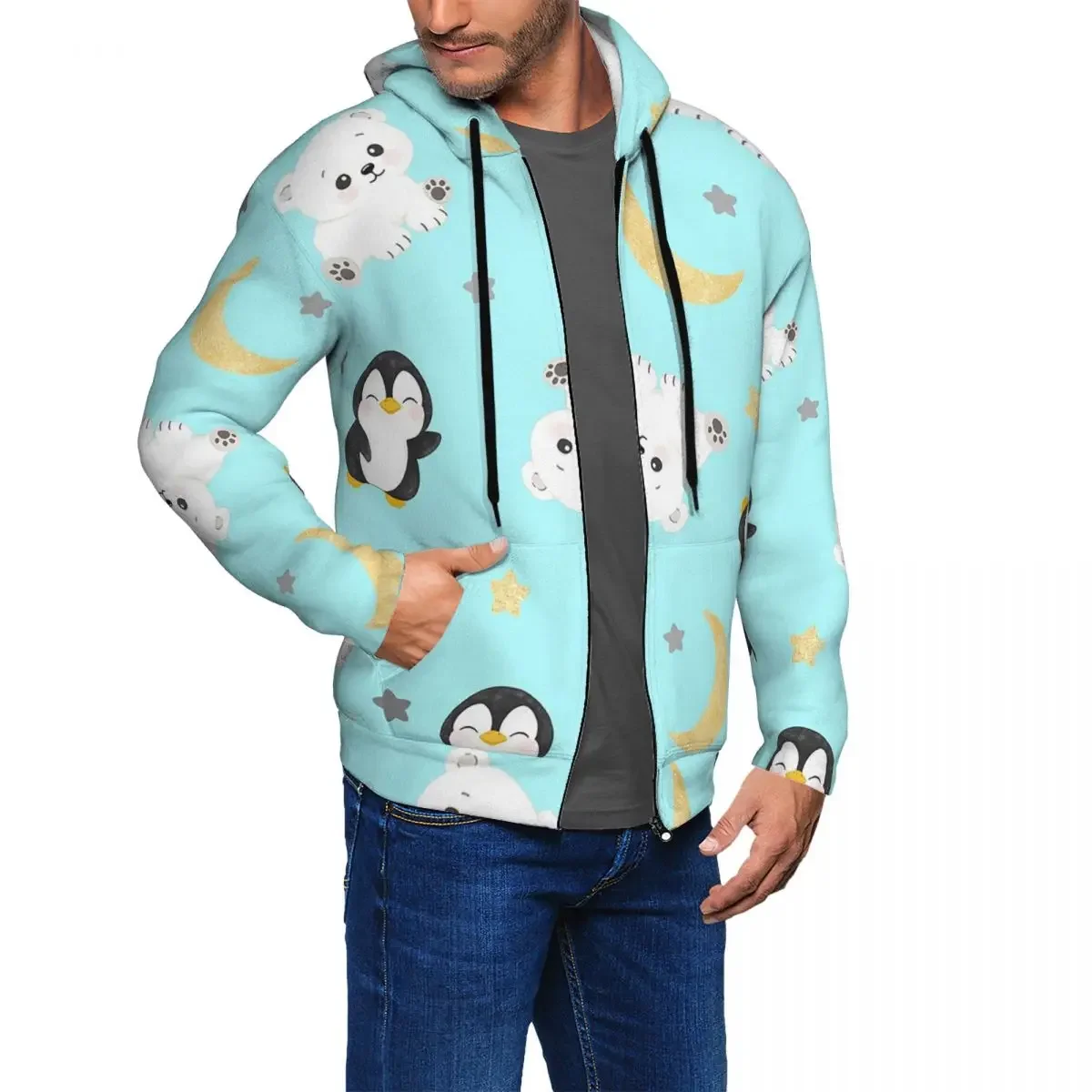 Simpatico animale pinguino orso polare stelle e luna cerniera felpa con cappuccio Harajuku pullover autunno inverno felpa top a maniche lunghe