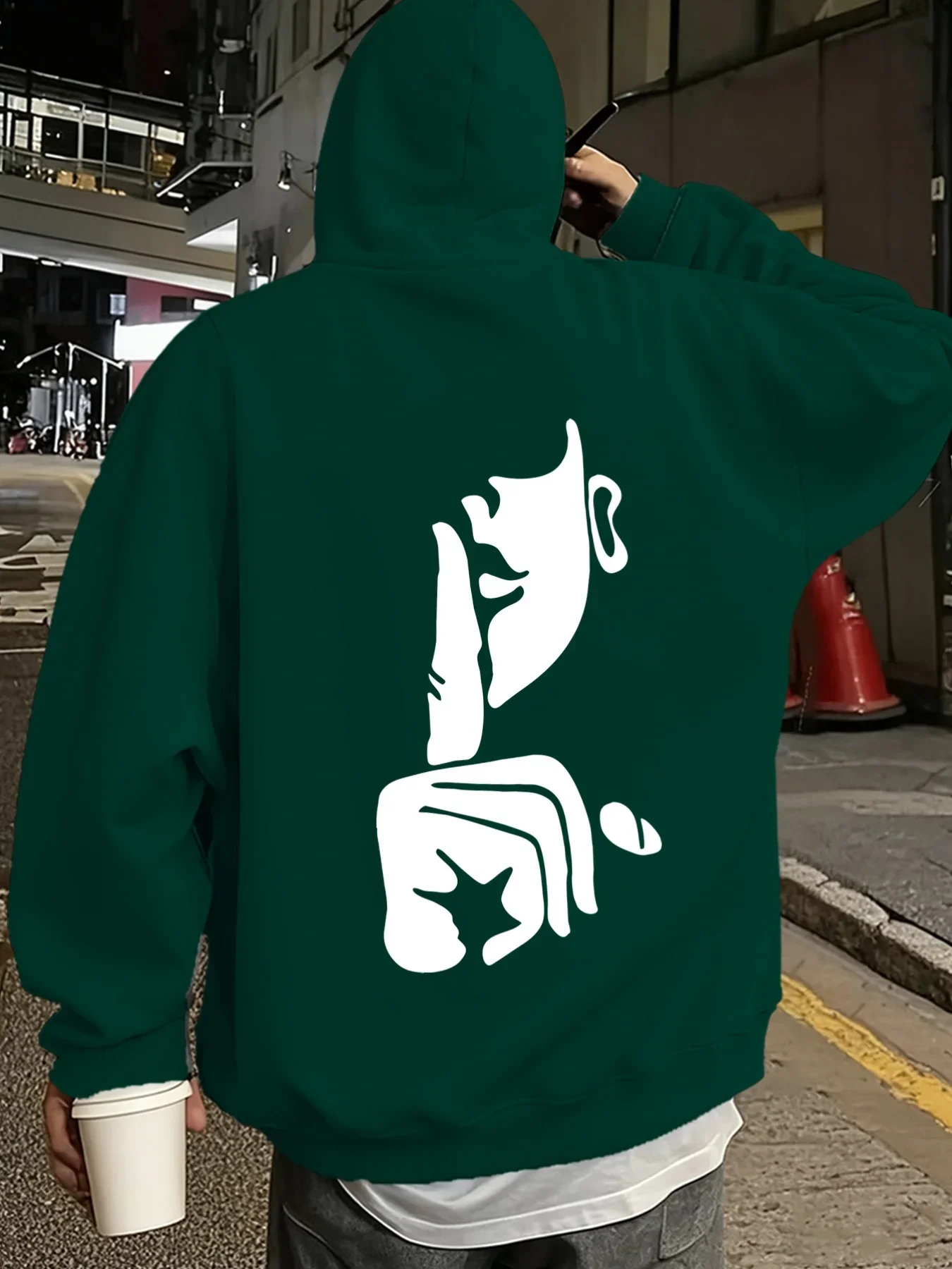 Men's Blue Hooded Sweatshirt with White Kanji-Inspired Logo Print - CasualStreetwear Pullover Machine Washable for Urban Fashion