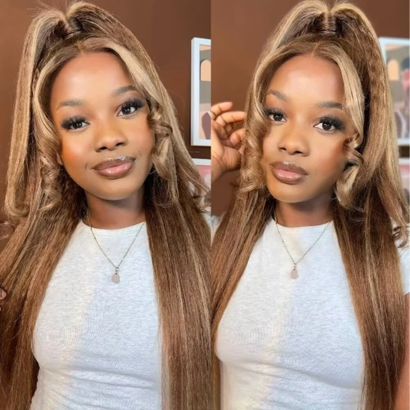 # 4/27 オンブレハイライト キンキーストレート 13x6 レースフロントウィッグ 生え際処理済み ハニーブロンド ブラジリアン 200%密度 人毛ウィッグ