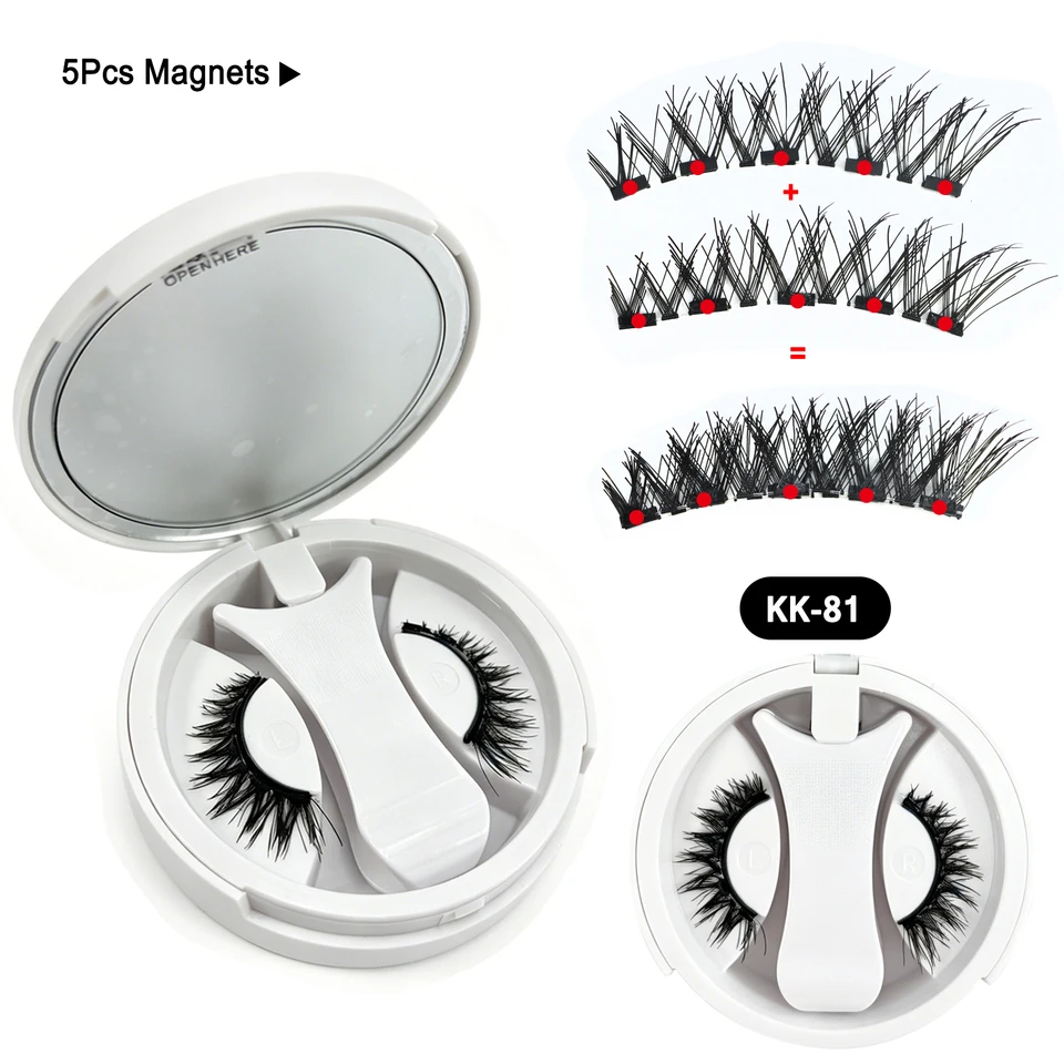 5 imanes sin pegamento pestañas magnéticas 3D esponjosas de pelo sintético con estuche de espejo y aplicador 2