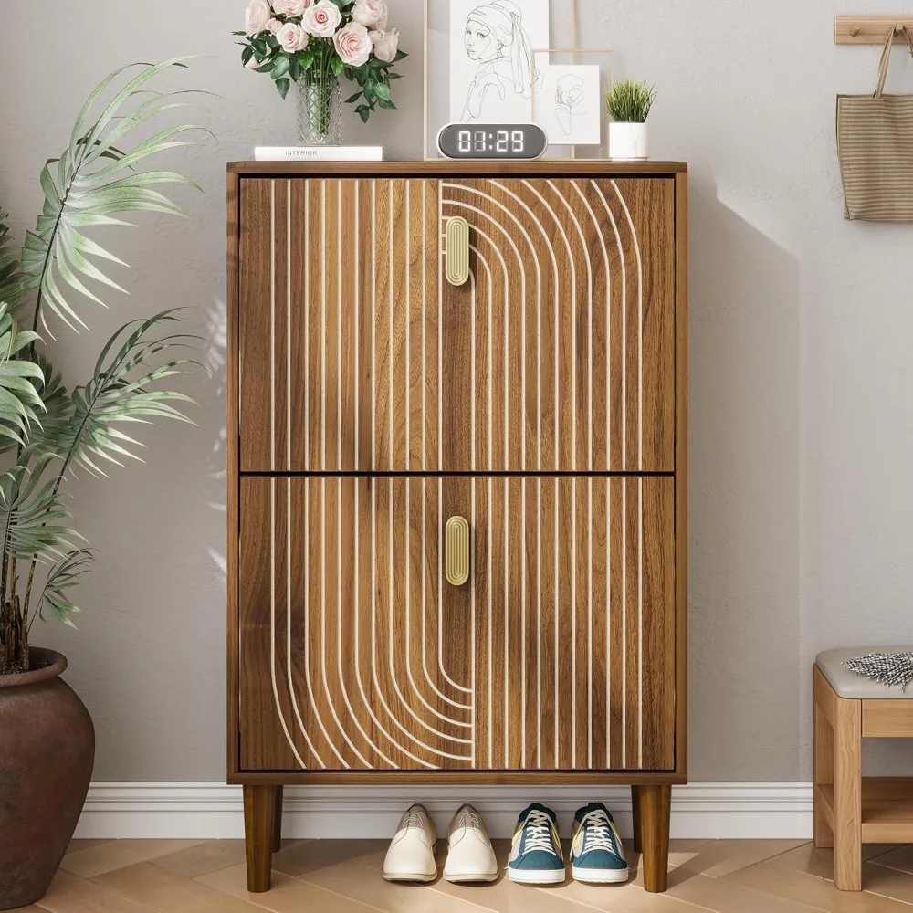 

Modern shoe cabinet with 2 flip drawers and gold handles, space saving entrance shoe cabinet, independent