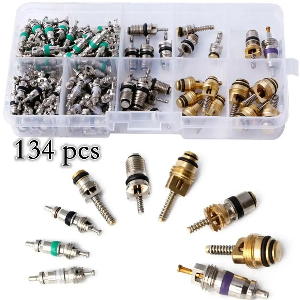 134pcs A/C Core Valves R134A Automotive Air Conditioning Assortment&Remover Kit Car Air Conditioning Valve Core A/C Sealing