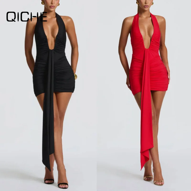 QICHE 2026 Backless Ruched Mini Dress For Women Halter Deep V Solid Color Bodycon Elegant Night Out Dress