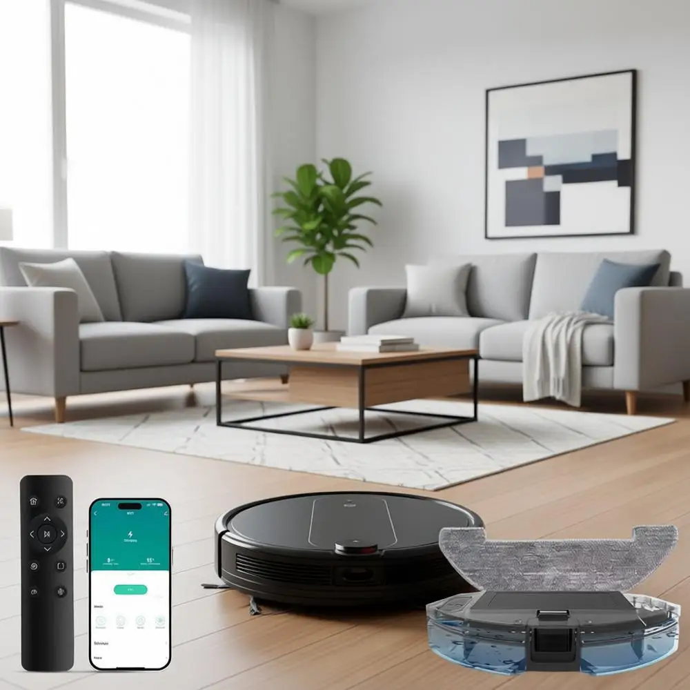 

Робот-пылесос 3-в-1 с функцией мытья полов, мощным всасыванием, интеллектуальной навигацией и удалением шерсти животных для твердых полов и ковров с коротким ворсом (черный)