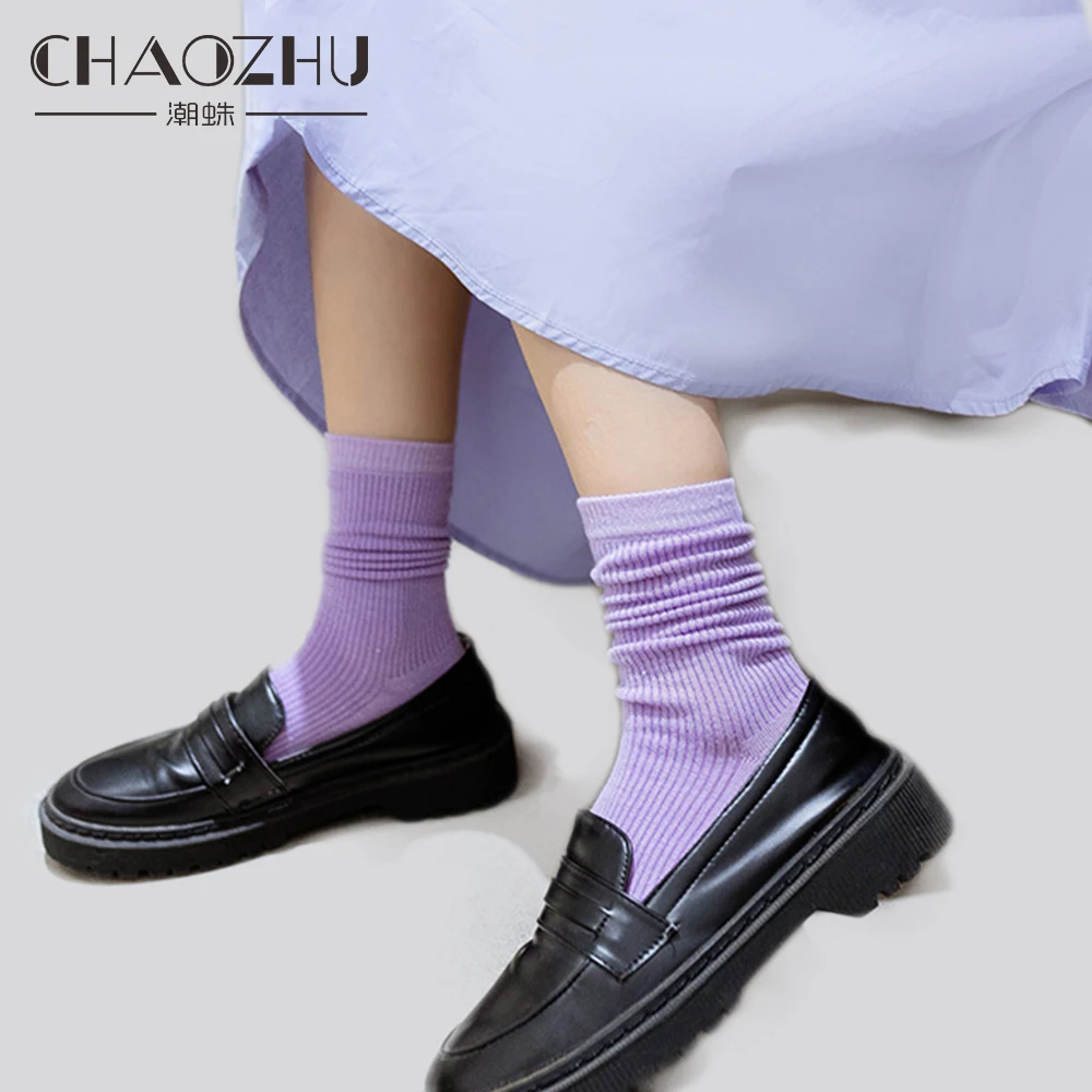 CHAOZHU Socks Women Pure Solid Colors 19 Colors Neon Yellow Green Rib Loose Cotton Knitting Daily Basic Women Socks 4 Seasons