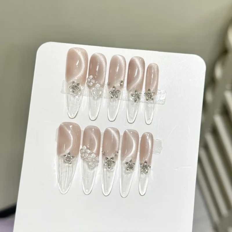 10szt Ręcznie robione wielokrotnego użytku Press on Nails Akrylowe 3D Kwiatowe sztuczne paznokcie z wzorem Bardzo długie koreańskie sztuczne paznokcie z zawieszkami 2025