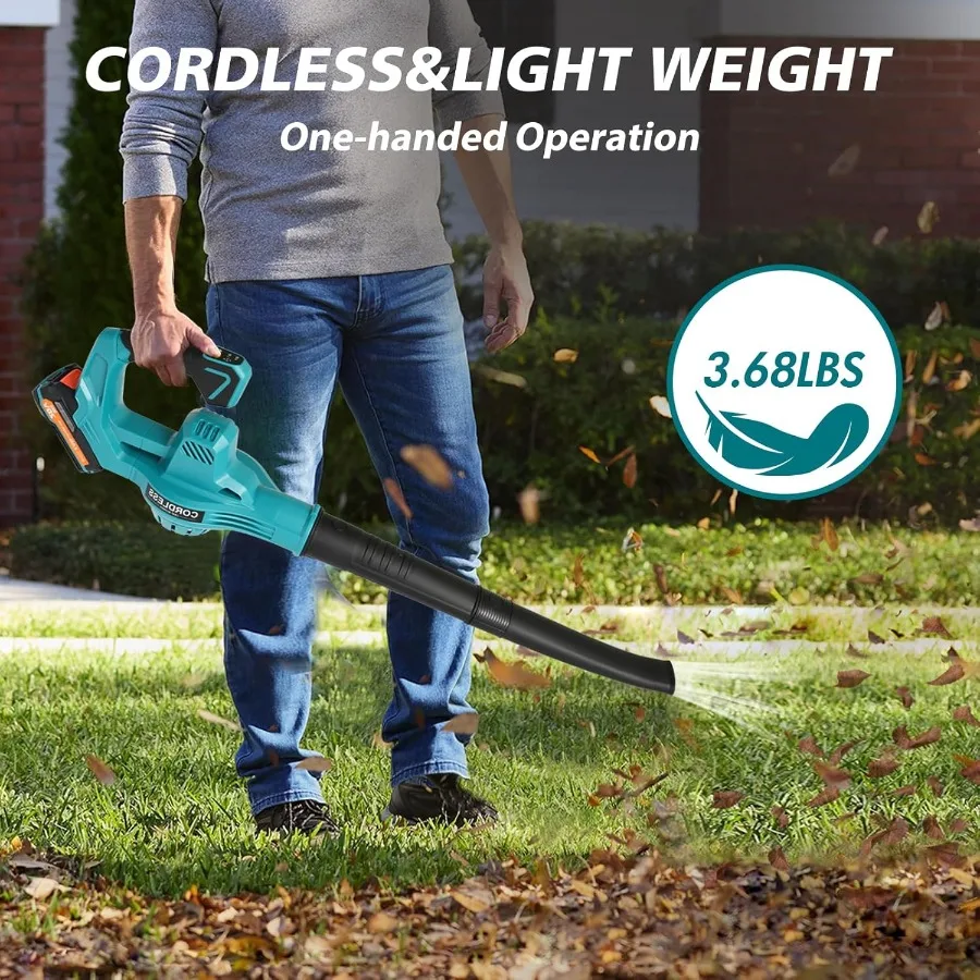 Soffiatore per foglie elettrico senza fili da 20 V con batteria 2X 2.0 Ah e caricabatterie 480 CFM 160 MPH Soffiatore per foglie alimentato a batteria Ha