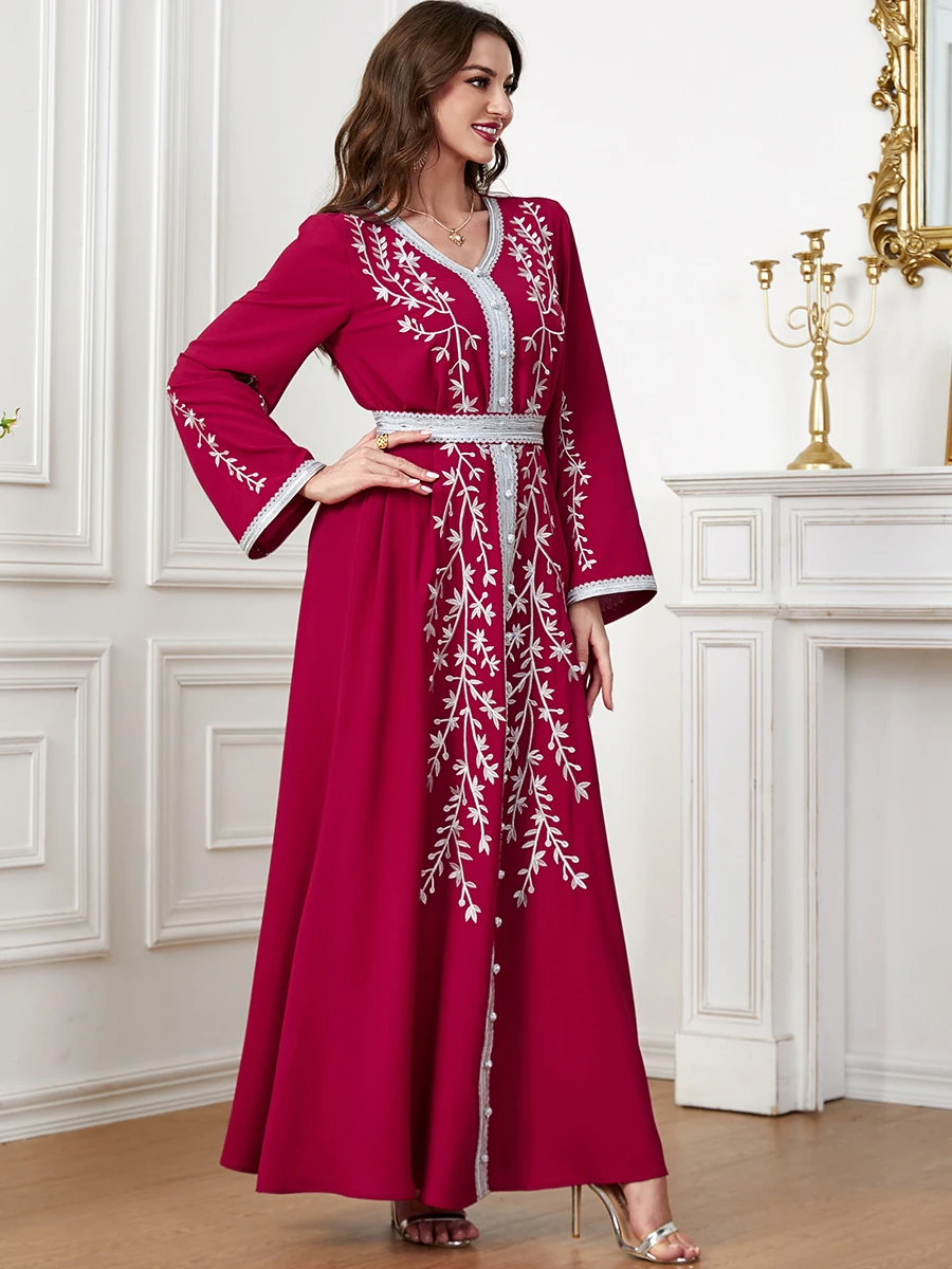 Abayat Emberoidery Maxi Dresses Ladies V-neck Long Sleeve Belted Kaftan Turkish Dresses For Women Jilbab 2022 Autumn New