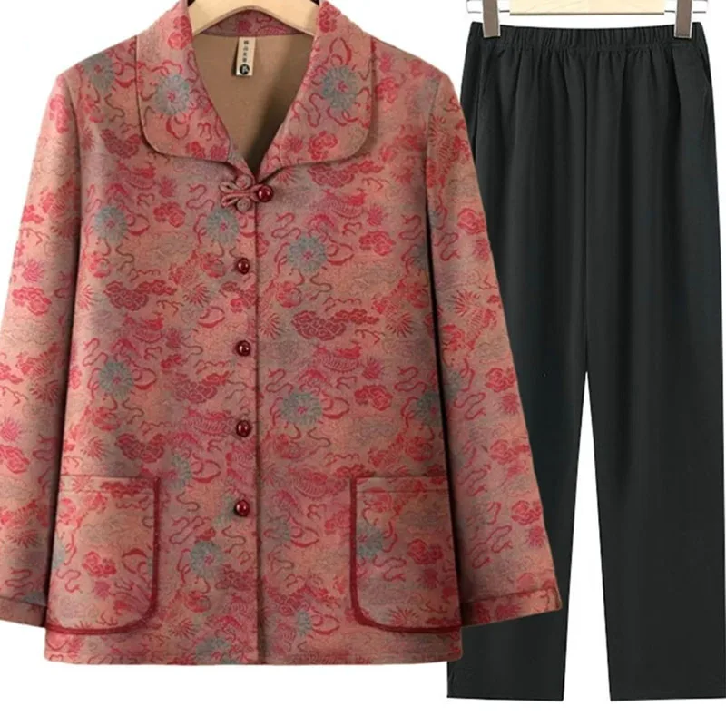 

Повседневные рубашки для мам среднего возраста, комплект из двух предметов, женский кардиган, блузка, куртка, весенне-осенняя женская верхняя одежда большого размера 5XL с принтом