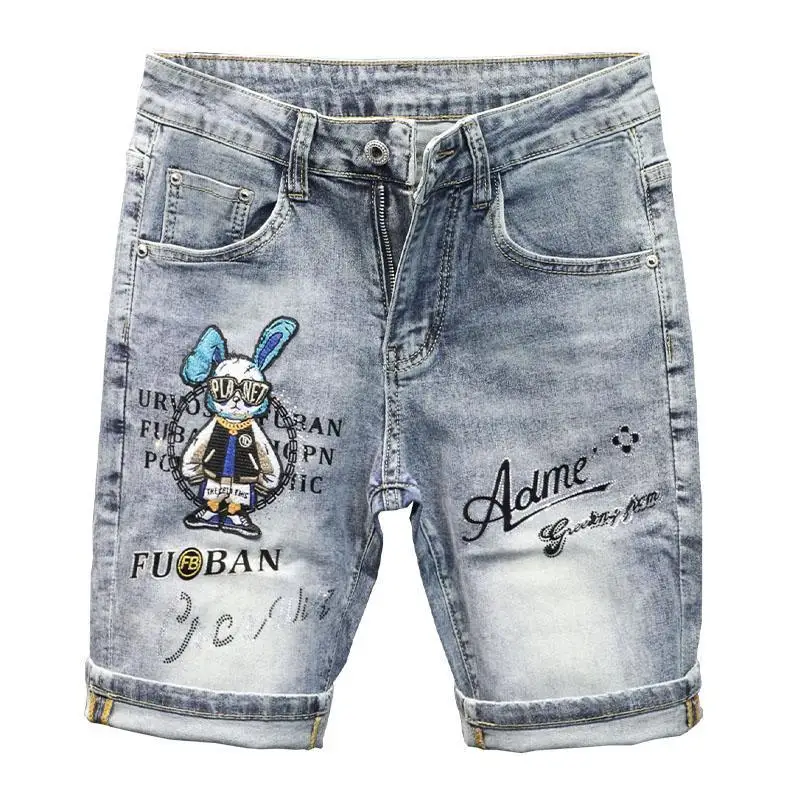 New Kpop Summer Casual Knee Length Men\'s Jeans Shorts Fashion Embroidered Rabbit Printed Hot Drilled Slim Thin Short Trousers