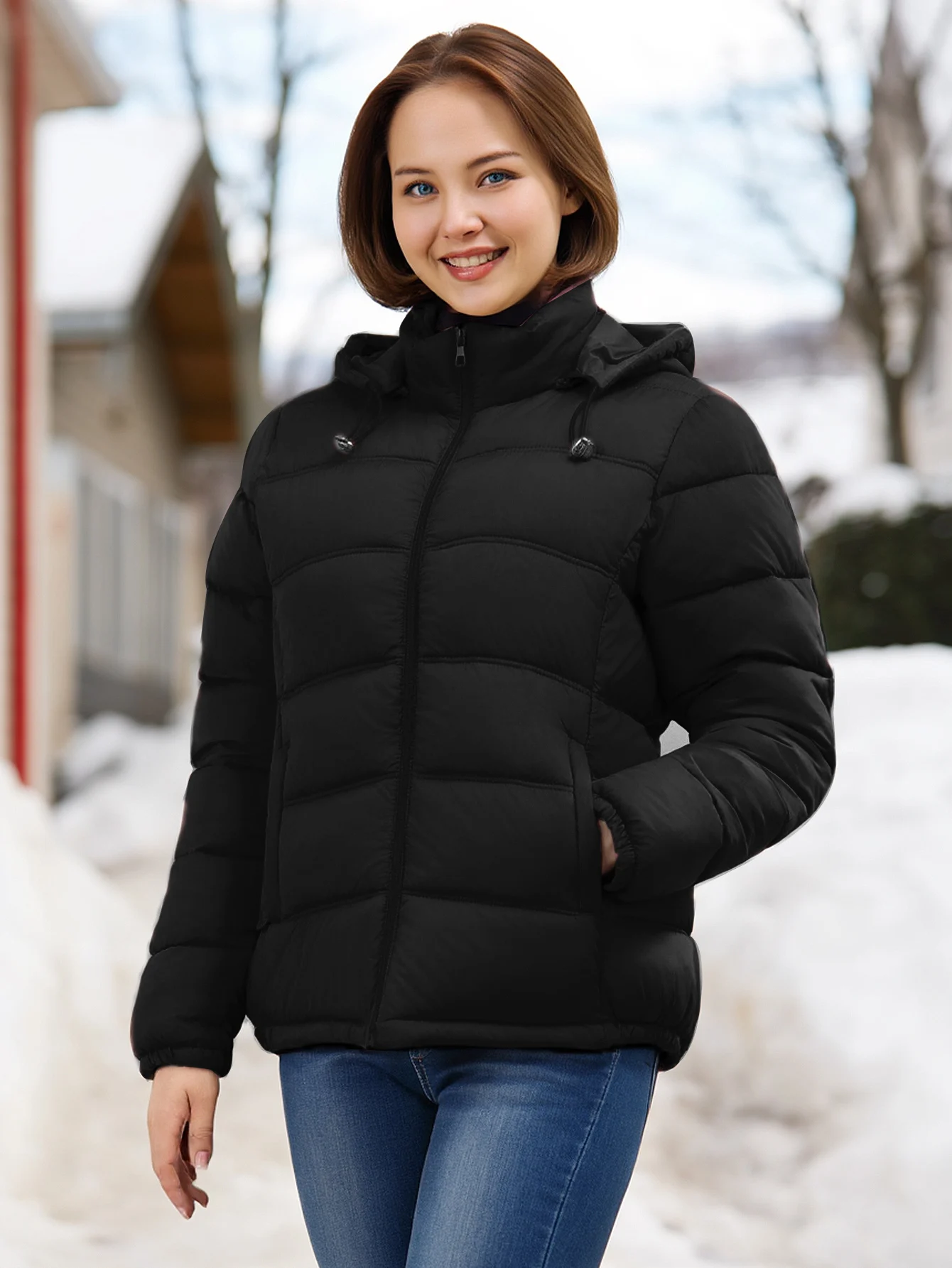 Pufferjack met capuchon voor dames, thermische gewatteerde winterjas