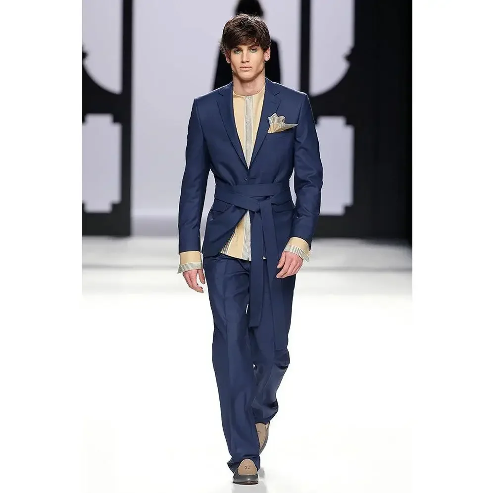 

New Navy Blue Men Suit With Belt Two Pieces(Jacket+Pants) High Quality Lapel Outfits Chic Casual Party Prom Wedding Set