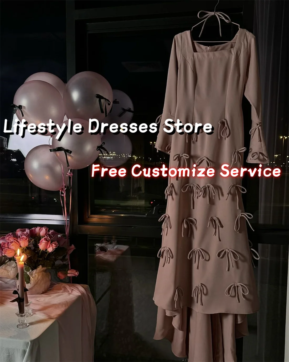 Customized Square Collar Long Sleeves Bow Formal Evening Dress for Arabic Women Birthday Wedding Party Gown Mermaid Formal Dress