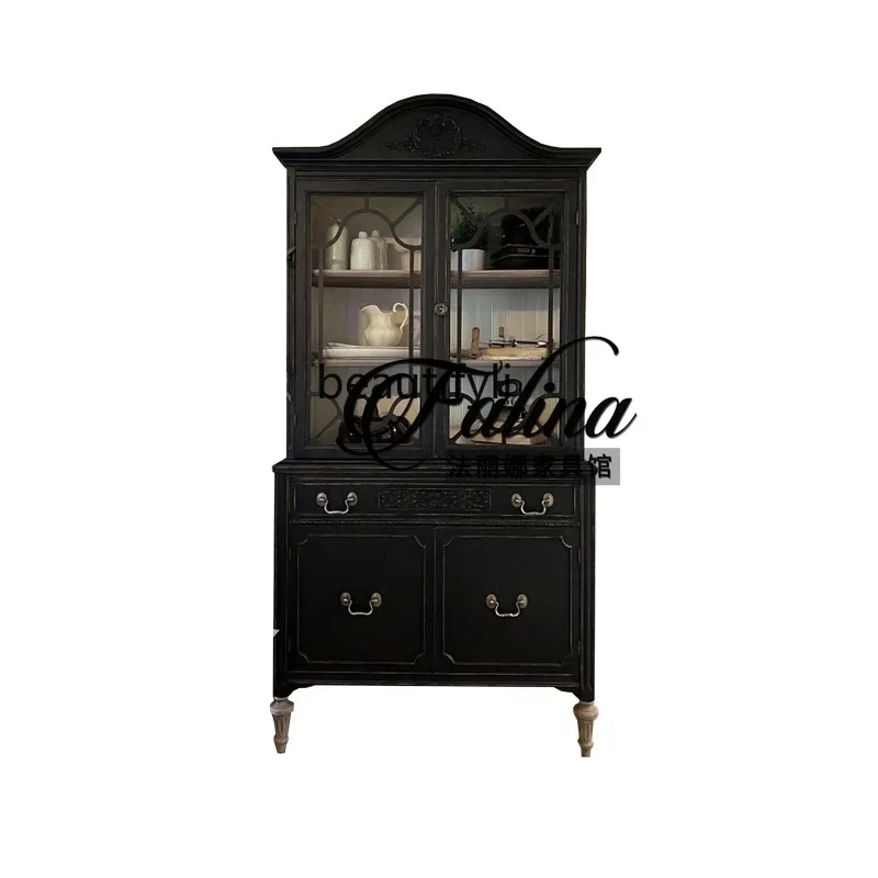 

l French retro solid wood dining side cabinet integrated against the wall, American medieval, restaurant storage display locker