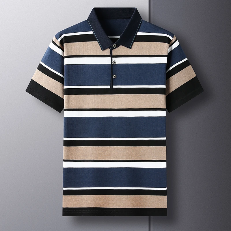 

Гладкие шелковые рубашки-поло для мужчин с короткими рукавами в полоску, летние качественные мягкие удобные эластичные классические рубашки Camisas De Hombre