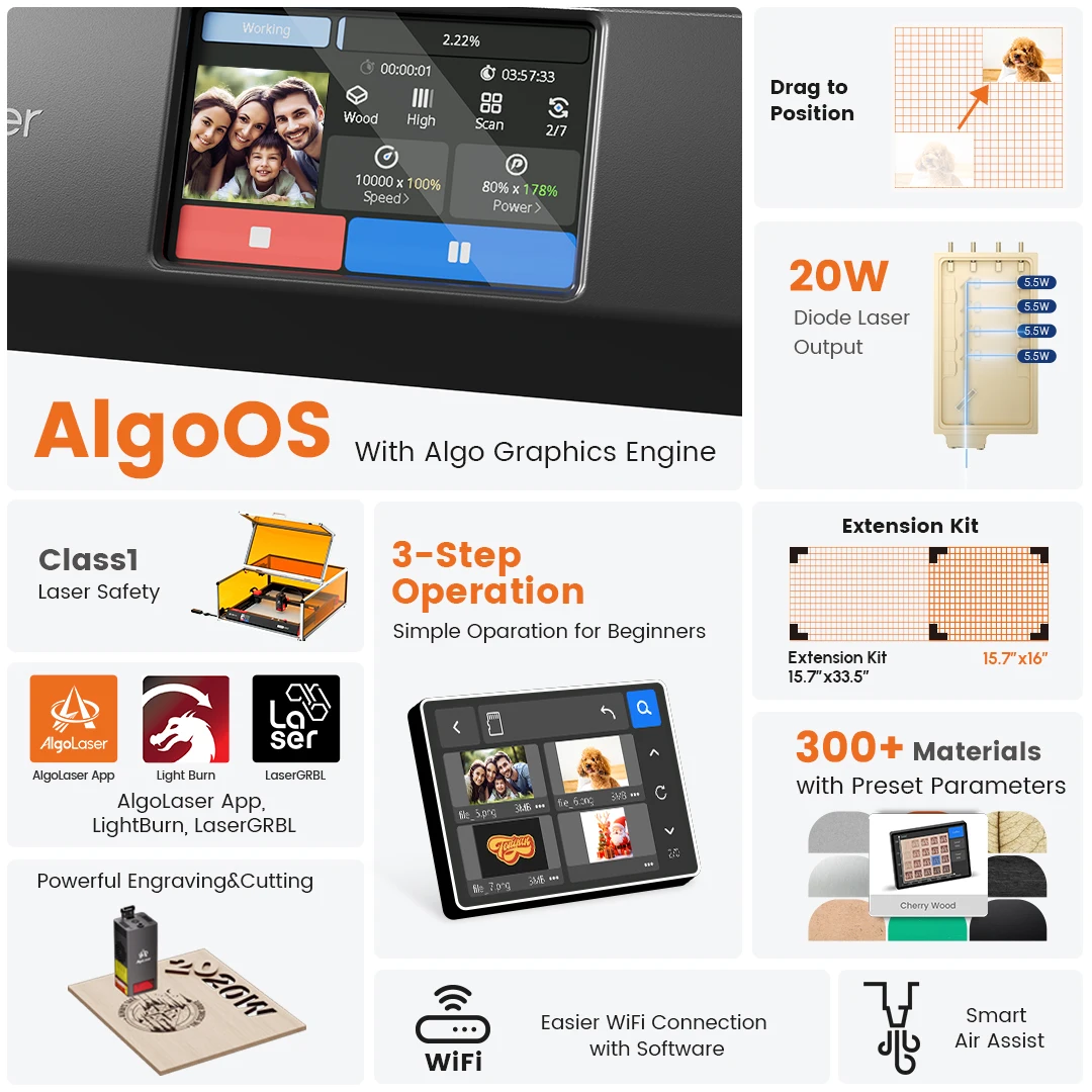 AlgoLaser Alpha MK2 20W Laser Engraver and Cutter Machine WiFi Connect with 3.5 Inch Touchscreen Built-in Air Pump AlgoOS System
