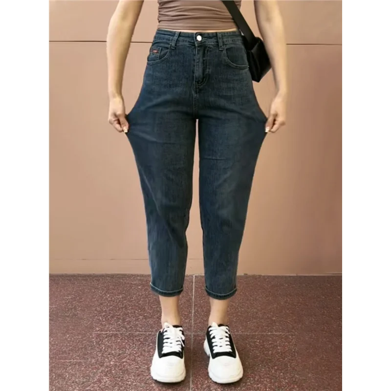 Pantalones vaqueros elásticos sueltos para mujer, pantalones de cintura alta para papá, pantalones Harem Sle con cubierta a la cadera, pantalones casuales de talla grande, colección de verano