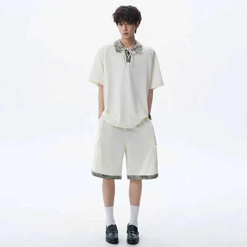 LUZHEN 2026 Summer Stylish Two-piece Sets Men's Drawstring Lapel Short Sleeve T-shirt Straight Casual Five-pointed Pants JY7214