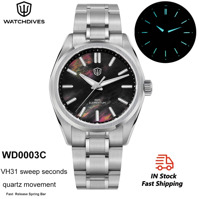 

Часы Watchdives WD0003C с кварцевым механизмом VH31, бесшумным секундным стрелком, из нержавеющей стали 316L, сапфировым стеклом, люминесцентными элементами, оригинал